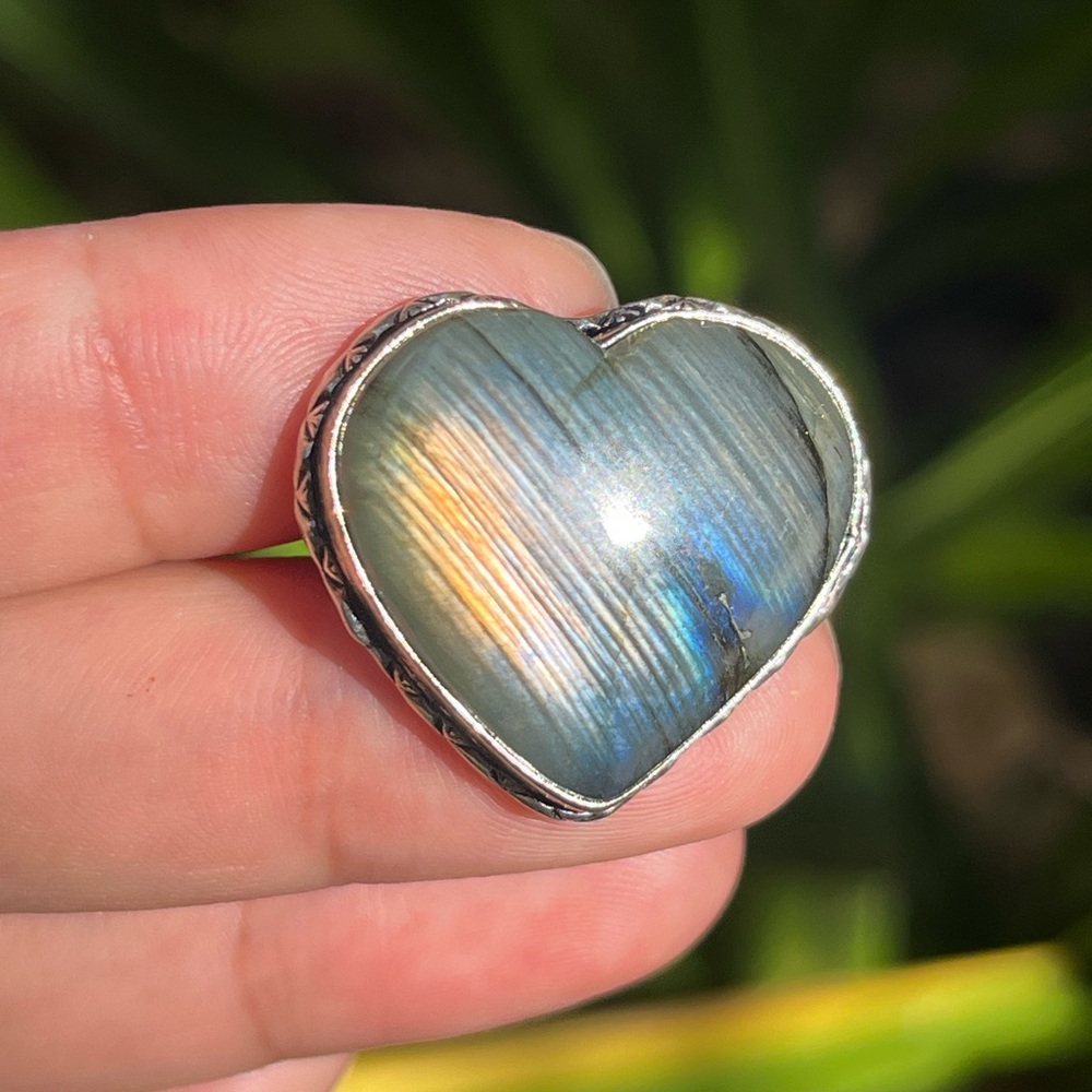 Size 6.75 925 silver plated orange flashy labradorite heart ring‎ 2239